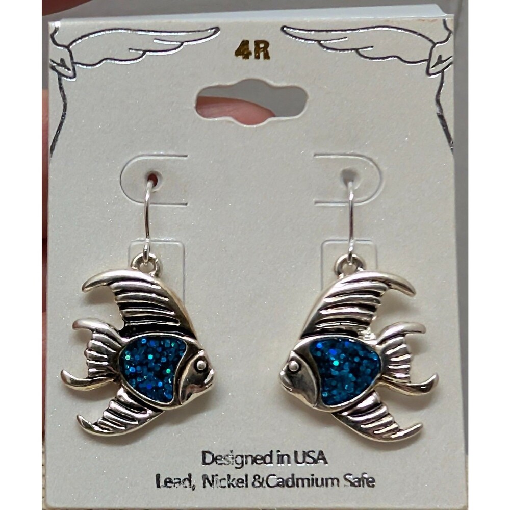 New AngelFish Tropical Earrings Silver Tone Blue Glitter Sparkly Sea Angel Fish